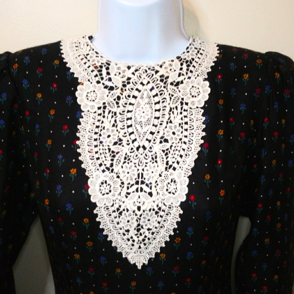 Vintage Gunne Sax Goth, Cottageore Style Lace Collared Black Floral Midi Dress - Picture 4 of 14